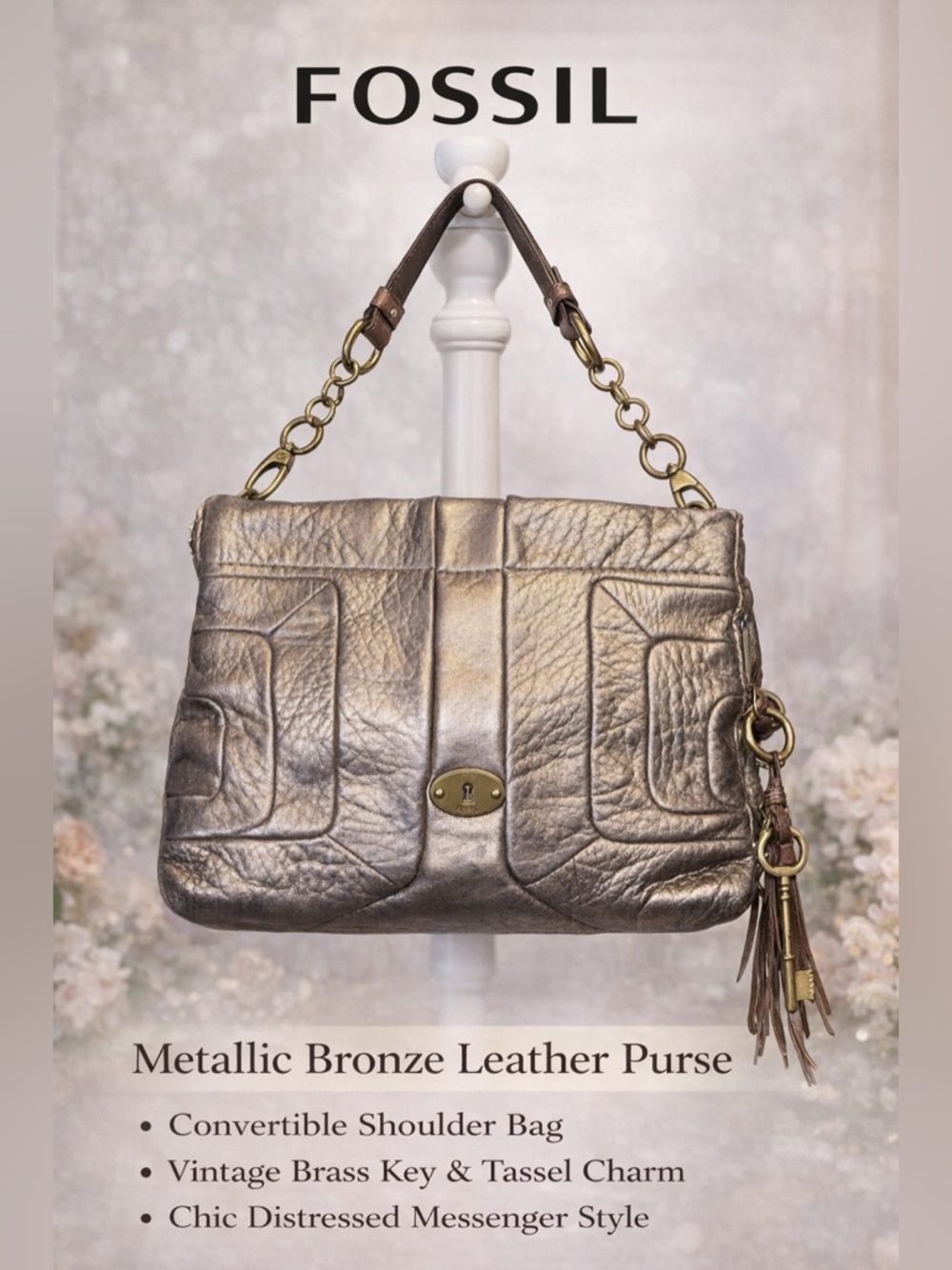 Fossil Metallic Bronze Leather Convertible Shoulder Bag with Tassel Charm